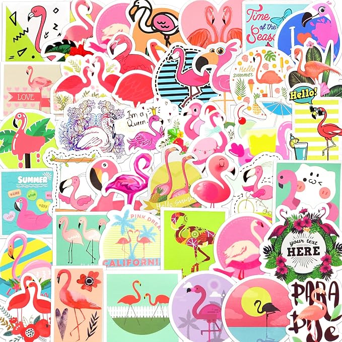 50 Pcs Flamingo Stickers for Kids Girls Water Bottles Laptops Scrapbook Decoration Party Favors Classroom Rewards Tropical Summer Pink Beach Waterproof Vinyl Decals