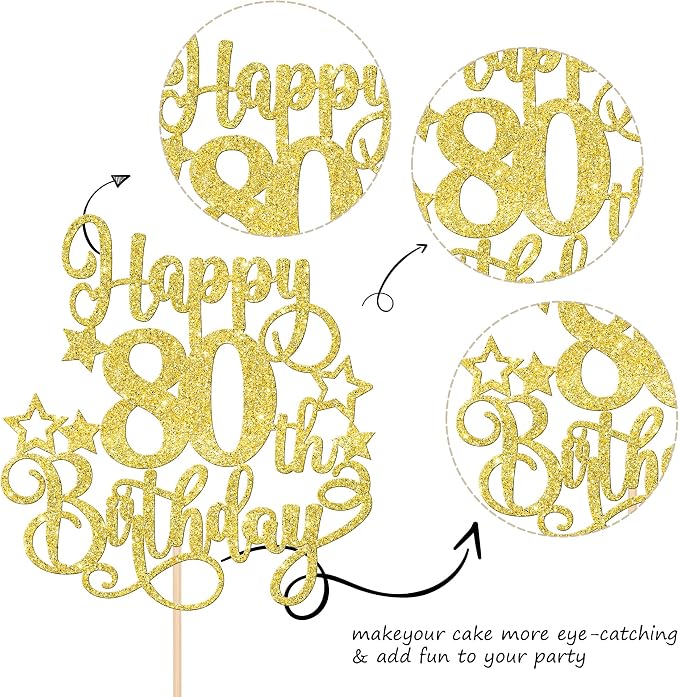 1 PCS Happy 80th Birthday Cake Topper Glitter Cheers to 80 Years Birthday Cake Pick Hello 80 Fabulous Cake Decoration for Happy 80th Birthday Anniversary Party Decorations Supplies Gold