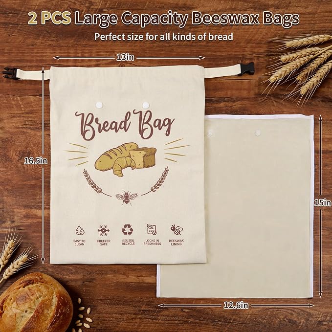 2 Pack Beeswax Bread Bags, X-Large | Detachable Liner & Handles, Organic Cotton Wrap, Eco-Friendly & Washable, For Homemade Sourdough, Reusable Food Storage