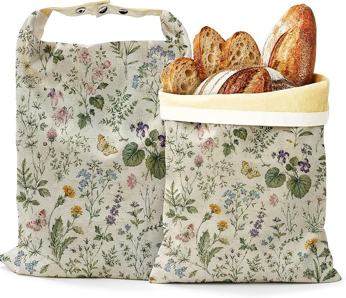 2 Pack Beeswax Butterfly Floral Bread Bags for Sourdough, Reusable Linen Meadow Botanical Bread Bag 17x13'' Food Storage Cloth Bag Freezer-Friendly & Freshness Preservation