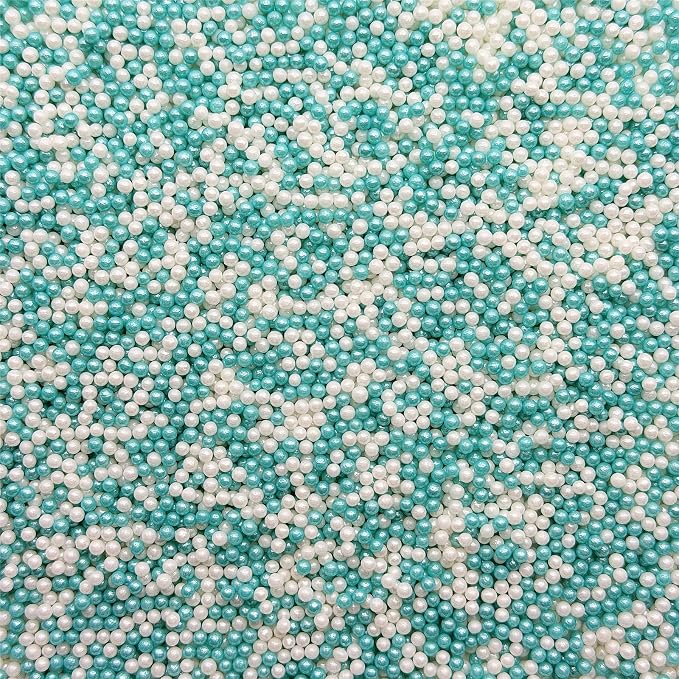 CandiJumpin 2mm Teal and White Edible Pearls, White and Teal Nonpareils Sprinkles Small Pearl Sprinkles for Cake Decorating Mini Sugar Pearls for Baking Baby Shower Party Wedding Christmas Supplies 3 OZ