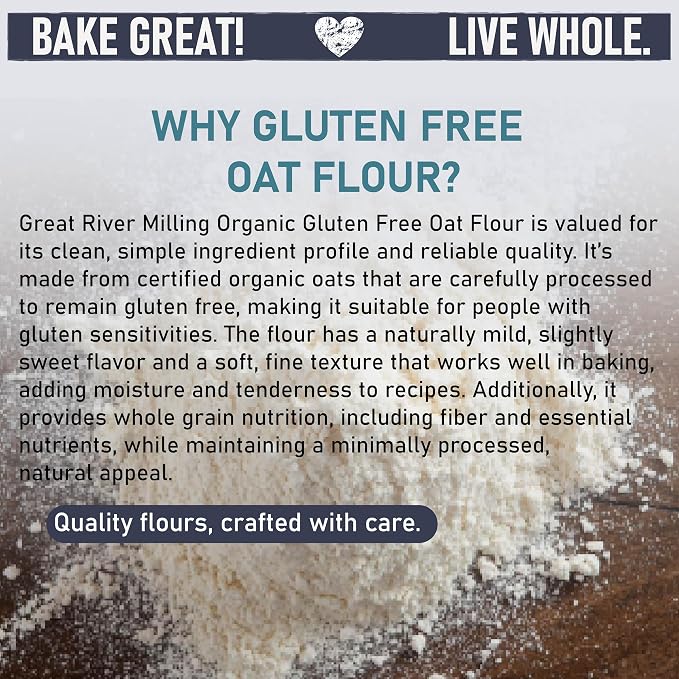 Great River Milling Organic Oat Flour | Gluten Free Whole Grain Flour | Non-GMO, Kosher, Vegan Certified | Naturally Sweet Flavor for Pancakes, Muffins, Cookies & Baking Blends | 5 Lb