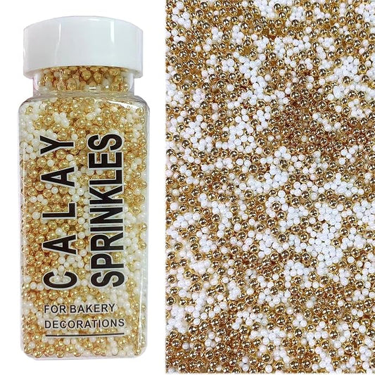 PhilaeEC White Gold Nonpareils Sprinkle 2mm Mini Peals Sprinkle Edible for Cake Decoration Cupcake Topper Cookie Baking Decorations Halloween Christmas Valentine Supplies