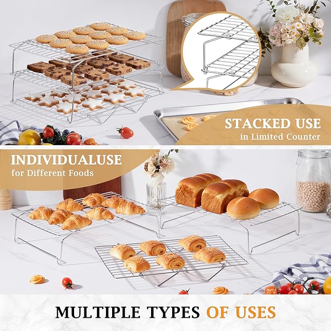 LIANYU Cooling Rack 15"x10" 2 Pack, 2-Tier Stackable & Collapsible Stainless Steel Baking Wire Racks for Cooking, Baking, Roasting and Drying, Oven & Dishwasher Safe, Silver