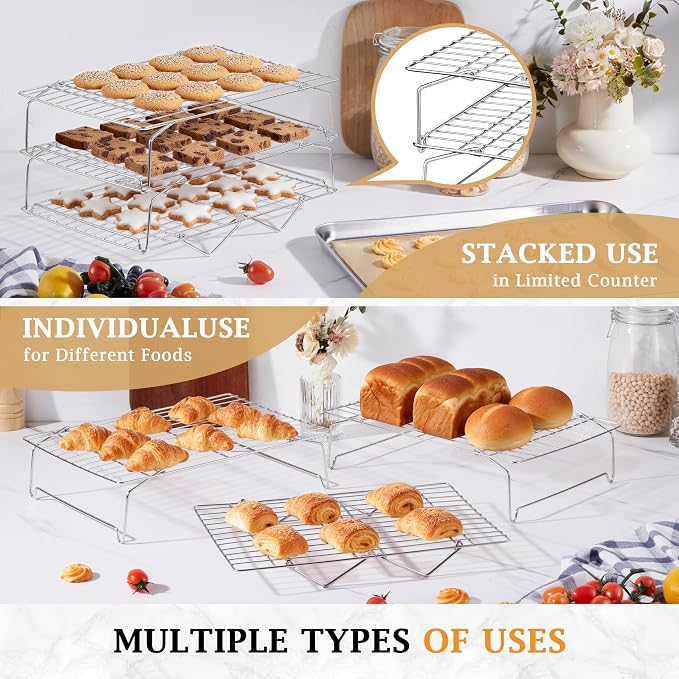 LIANYU Cooling Rack 15"x10", 6-Tier Stackable & Collapsible Stainless Steel Baking Wire Racks for Cooking, Baking, Roasting, Drying, Oven & Dishwasher Safe, Silver