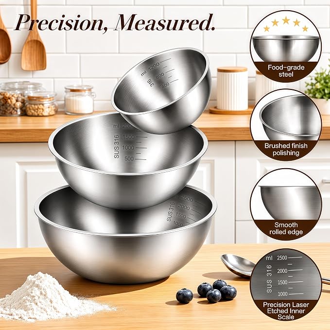 Stainless Steel Mixing Bowls Set of 3, 1.5/2.5/4 Qt Metal Mixing Bowl Set for Baking, Salad, Cooking & Meal Prep, Nesting Stainless Steel Bowls with Measurement Marks, Dishwasher Safe