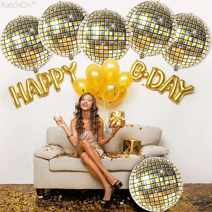 KatchOn, Gold and Silver Disco Ball Balloons - Big 22 Inch, Pack of 6 | 4D Sphere Balloons, Disco Party Decorations | 70s Party Disco Ball Decoration, 2026 Graduation Decorations, Engagement Wedding
