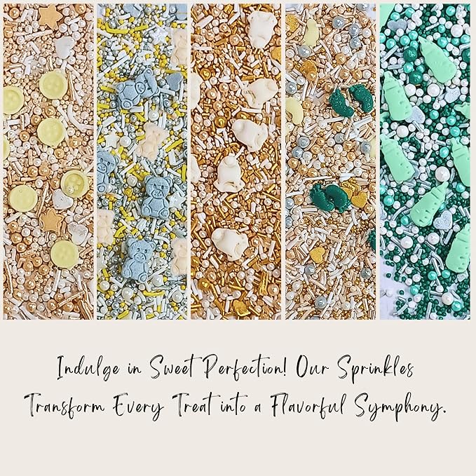 Confect Neutral Baby Shower Sprinkles | Gender Reveal Sprinkles | Pack of 5 Mix Teddy Bears, Baby Feed Bottles & Baby Feet Sprinkle | Vegan, Gluten-Free, Nut-Free, Soy-Free, Dairy-Free, Palm Oil-Free - 5 Oz