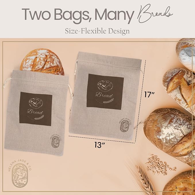 Linen Bread Bags for Homemade Bread (2 Pack, XL) – Easy to Clean Large Reusable Cloth Bags for Sourdough, Sandwich & Loaf Storage, BPA-Free Linen Bag with String Closure For Fresh Breads Storage