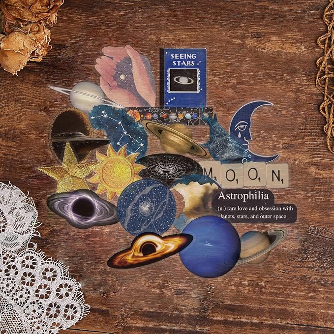 50PCS Cute Space Stickers for Scrapbooking, Galaxy Self-Adhesive Scrapbooking Decals Supplies Journal for Kids Girl Adult Water Bottle Laptop Card Making Letters DIY Themed Party Decorations