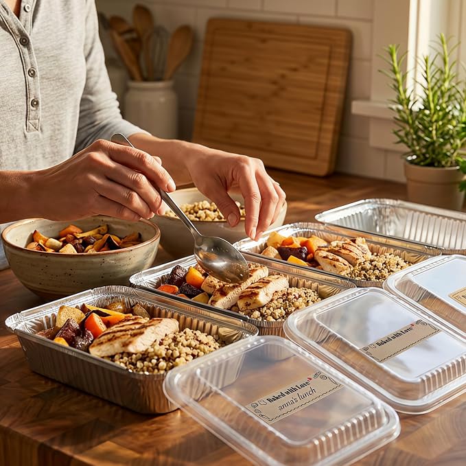 Gyeruni 50 Pack Disposable Aluminum Loaf Pans with Lids and Stickers Kit, 6" X 4.7" X 2" Small Tin Foil Loaf Pans Foil Baking Tins Trays for Food Containers/Cakes/Bread