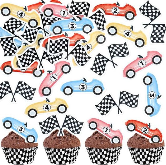 Ercadio 48Pcs Edible Cute Race Car Cupcake Toppers Cherkered Flags Race Cars Cupcake Picks Racing Car Birthday Cake Toppers Baby Shower Funny Birthday Party Decoration Supplies