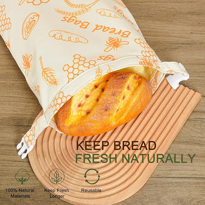 Beeswax Bread Bags Reusable for Sourdough & Homemade Bread | 2 Pack 17 × 12 Inch Large Capacity, Double-Layer Waxed Cotton Design, Plastic Free Alternative for Daily Baking