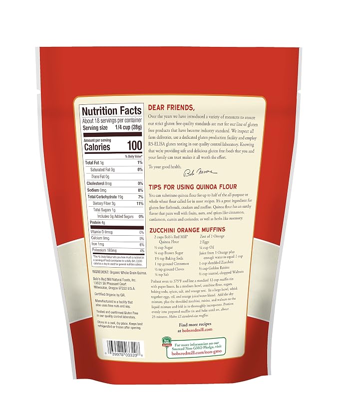 Bob's Red Mill Organic Quinoa Flour, 18oz (Pack of 4) - Non GMO, Whole Grain, Vegan, Kosher