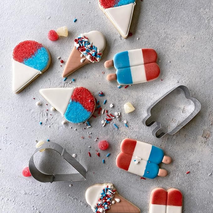R&M Summer Treats Cookie Cutter 5-Piece Gift Set-Includes Ice Cream Cone, Snow Cone, Popsicle, Twin Pop Cookie Cutter with Recipe Card - Steel