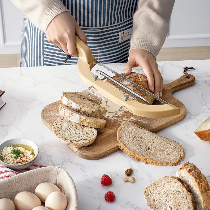 Adjustable Bread Bow Knife for Perfect Slices, Premium Wooden Frame, Tool-Free Blade Replacement, Multi-Thickness Cutter for Homemade Bread, Sourdough, Bagels, Loaves - Birch