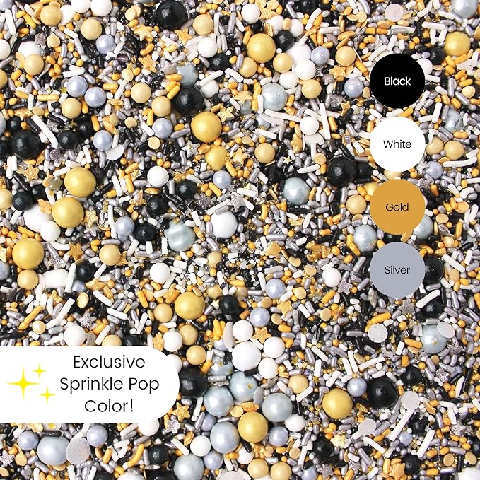 Sprinkle Pop Meet Me At Midnight Sprinkle Mix| White Silver Black Gold Sprinkles with Stars| New Years Graduation Wedding Sprinkles Made in USA for Decorating Cakes Cookies Cupcakes Ice Cream, 2oz