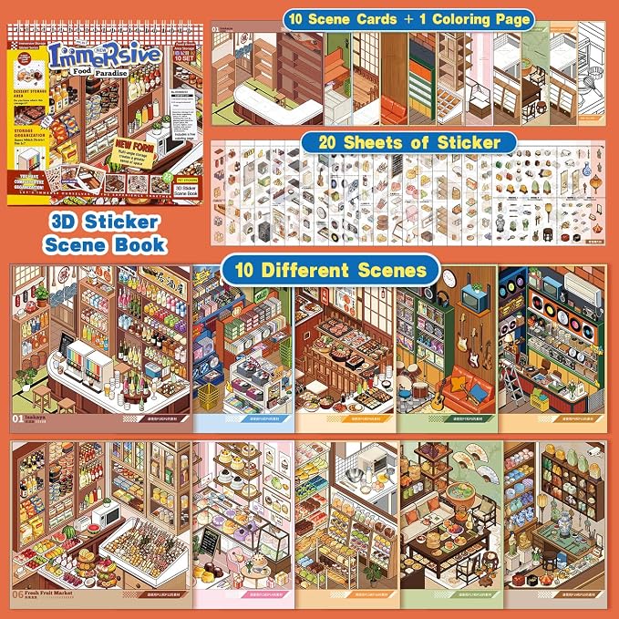 10 Sets Big DIY 3D Sticker Scene Book for Kids Adults Make Your Own Shop House Stickers with Guidelines for Gifts Stickers Therapy for Adult Relief Stress Pass The Time Supermarket (Food Paradise)