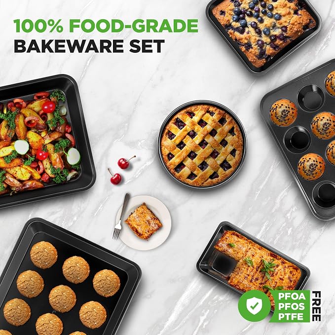 NutriChef Stackable Non-Stick Baking Pan Set – Carbon Steel Bakeware Set w/ Cookie Sheet, Muffin & Loaf Pan, Double Coated for Easy Release, Oven & Dishwasher Safe, Resists Warping, – Easy to Clean