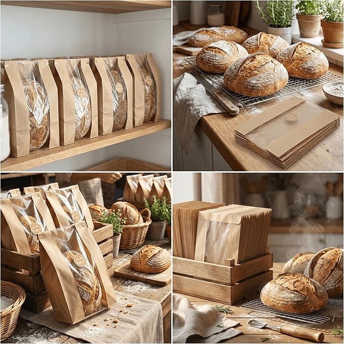 Pack of 100 Sourdough Bags for Homemade Bread with Tin Tie Tab Lock，for Large Paper Bread Bags for Sourdough Bread 14" x 8.3" x 3.5"，Round Sourdough Bread Bags Paper with Clear Front Window