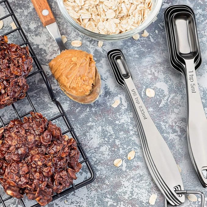 FANGSUN Narrow Measuring Spoons Set of 10, Heavy-Duty Stainless Steel Measuring Spoons with Long Handles & Engraved Measurements, Fits in Spice Jars, for Baking & Cooking