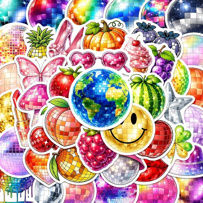 Disco Ball Stickers – Waterproof Vinyl Aesthetic 70s 80s Decals for Water Bottles, Laptops, Journaling – Non-Repeating Decals, High-Definition Print Gift for Womens (50PCS)
