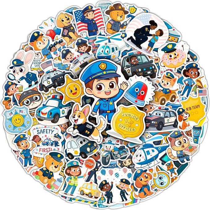 100 PCS Police Stickers Pack – Police Car & Policeman Vinyl Stickers for Laptops, Water Bottles & Notebooks