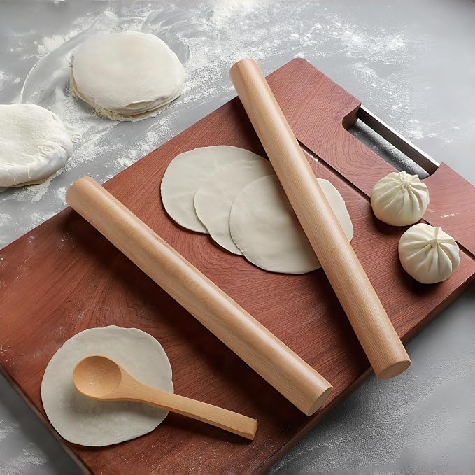 Wood Rolling Pin 16.9 Inch, Natural Beech Wood Non-Stick Rolling Pin for Baking, Wooden Dough Roller for Pizza, Pastry, Pie Crust, Cookies & Fondant, Essential Kitchen Baking Tool