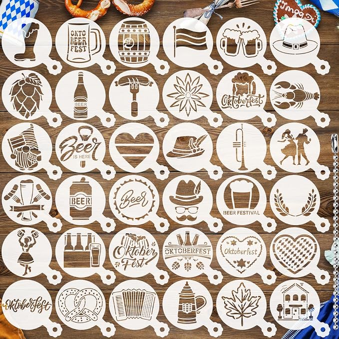JULBEAR 36 Pieces Reusable Oktoberfest Cookie Cake Stencils Beer Stencils Bavarian Style Templates Mold Tools for Oktoberfest Party Cookies Baking Painting Coffee Decoration