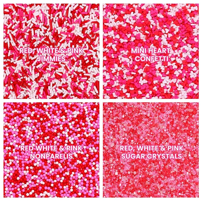 Valentines Sprinkles 6.5oz Edible Heart Sprinkle Mix Pink Red and White Jimmies Nonpareils Sanding Sugar Perfect for Cake Decorations Baking Ice Cream Cookies Cupcake Topper