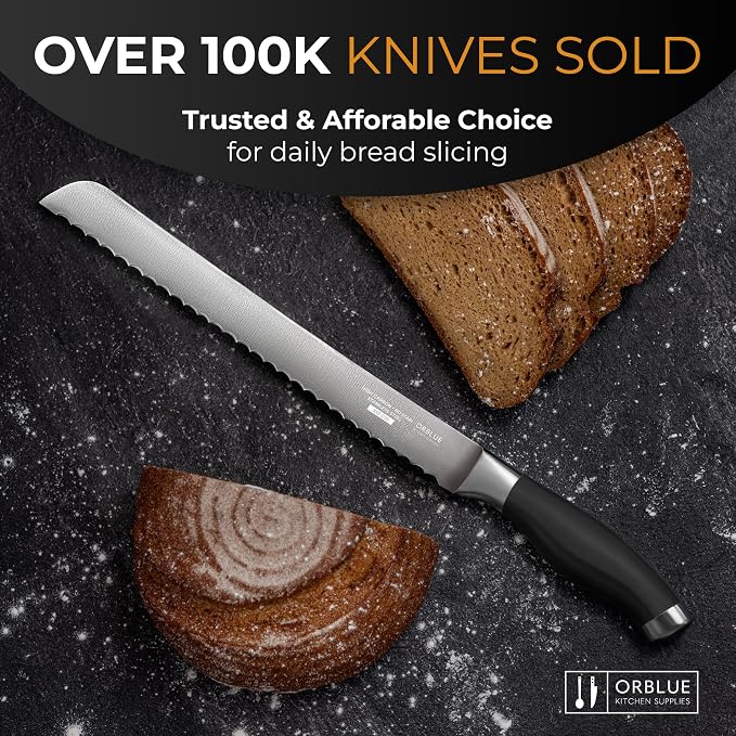 Orblue Bread Knife, 10-Inch Serrated Stainless Steel – Ultra Sharp for Crusty Artisan Bread, Bagels, Cakes & Pastries – Non-Slip Handle Slicer, Black