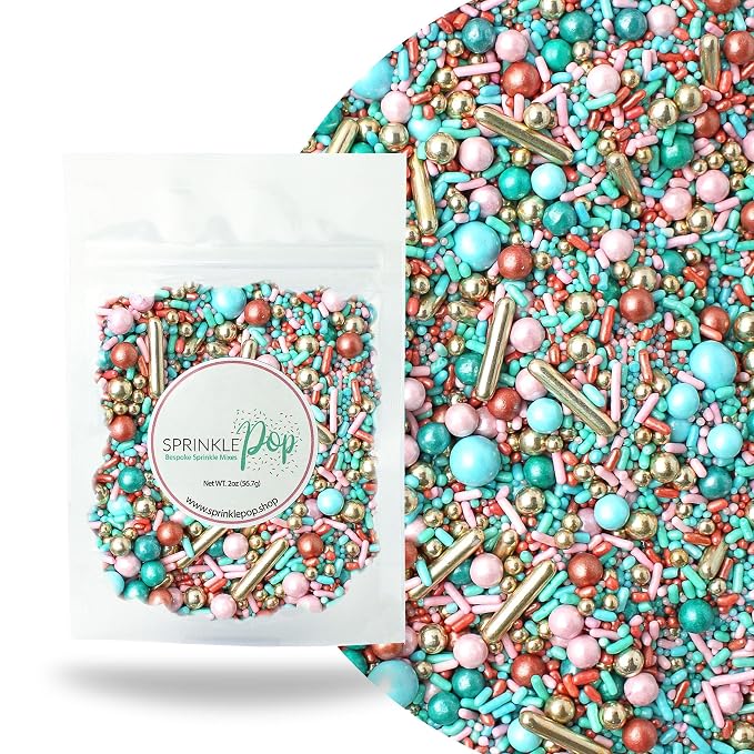 Sprinkle Pop Old Hollywood Sprinkle Mix| Light Pink Blue Teal Rose Gold Sprinkles with Vintage Rose Gold Dragees| Wedding Bridal Shower Sprinkles Made in USA for Cakes Cupcakes Cookies Donuts, 2oz