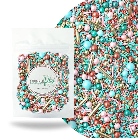Sprinkle Pop Old Hollywood Sprinkle Mix| Light Pink Blue Teal Rose Gold Sprinkles with Vintage Rose Gold Dragees| Wedding Bridal Shower Sprinkles Made in USA for Cakes Cupcakes Cookies Donuts, 2oz