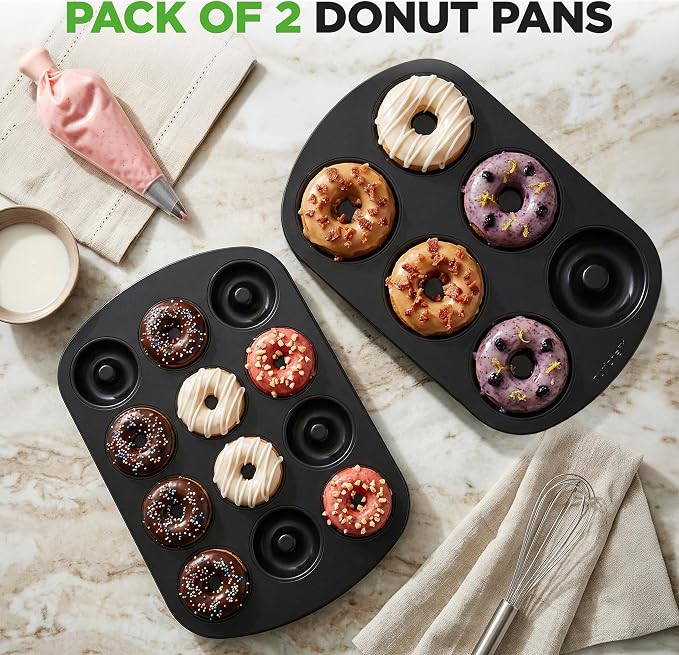 NutriChef Variety 2 Pack Full & Mini Donut Pan for Baking | One 12-Cavity Mini Donut Pan & One 6-Cavity Full Size Donut Pan for Baking | Carbon Steel Bagel Molds | Oven Safe Up To 450°F | Black