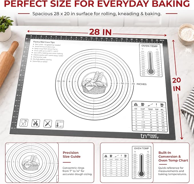 XL Silicone Pastry Mat for Baking, Extra Large 28x20 in, Non-Stick & Non-Slip Dough Mat for Rolling Out with Measurements, Bread, Pizza, Pie Crust, Cookies, Fondant,Oven Safe, Dishwasher Safe (Grey)