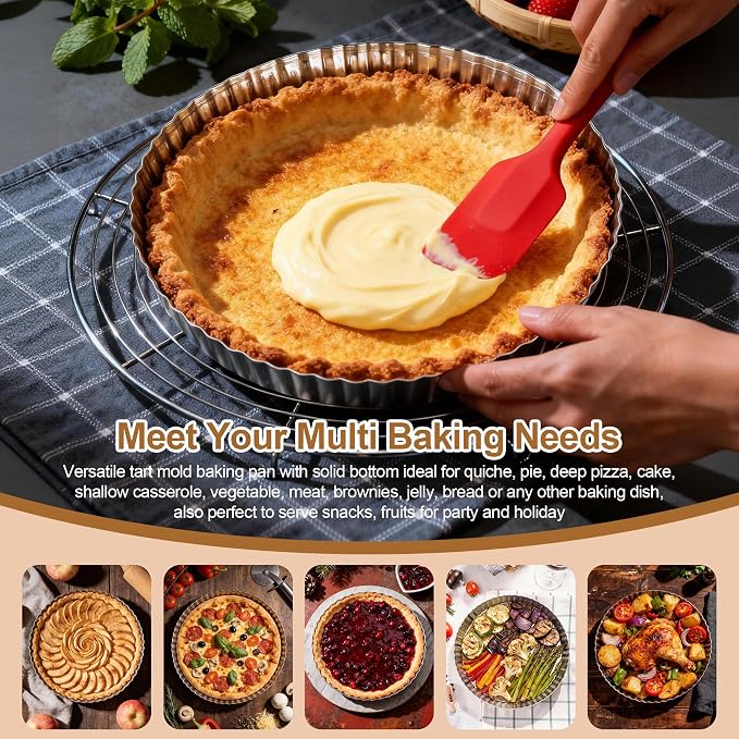 E-far 9.5 Inch Pie Pans, Stainless Steel Pie Baking Dish Tart Quiche Pan for Oven Baking, 2-Piece Round Pie Plate Tins with Fluted Edge & Seamless Bottom, No Leakage and Dishwasher Safe, Mirror Silver