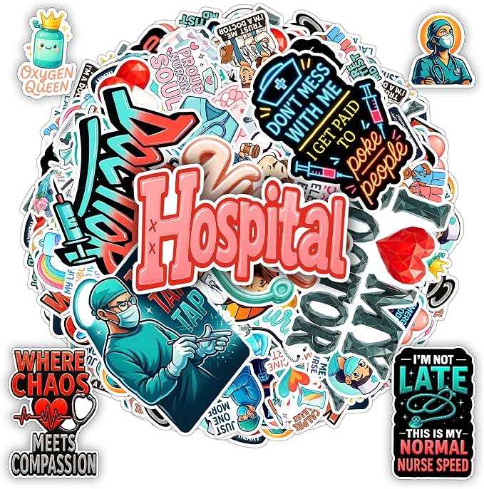 100 PCS Hospital Stickers Pack, Medical Nurse Doctor Vinyl Waterproof Decals, Funny Healthcare Sticker for Hard Hat Bumper Car Water Bottle Laptop Scrapbook, Gifts for Students Adults