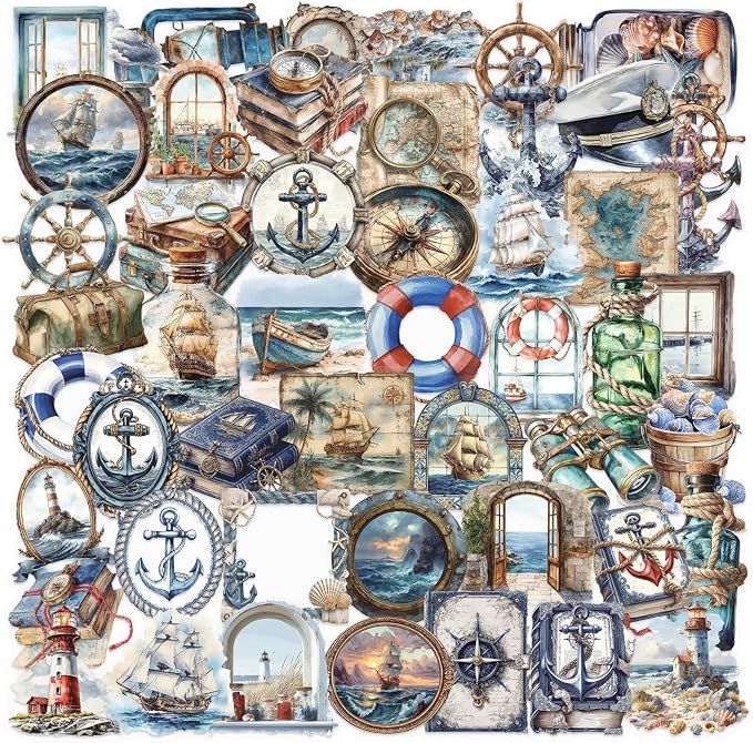 Retro Nautical Stickers,50Pcs Realistic Transparent Nautical PET Stickers,Cute Waterproof Sticker for Laptop,Stationery,Luggage Scrapbooking,Water Bottles,Phone Case,Travel Themed Party Decorations