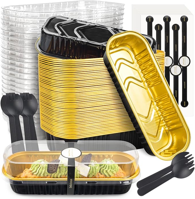 NPLUX Mini Loaf Pans with Lids and Spoons Rectangular Aluminum Foil Baking Pans Mini Cheesecake Containers 6.8oz, Graduation Gifts Party Favors(60 Pack, Black Gold)