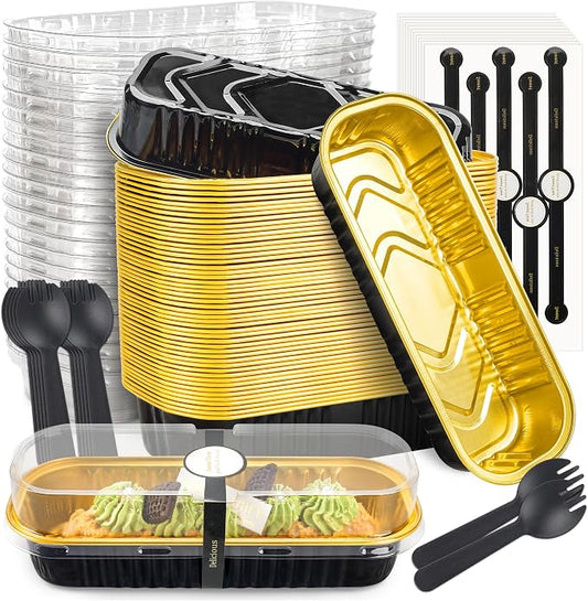 NPLUX Mini Loaf Pans with Lids and Spoons Rectangular Aluminum Foil Baking Pans Mini Cheesecake Containers 6.8oz, Graduation Gifts Party Favors(60 Pack, Black Gold)