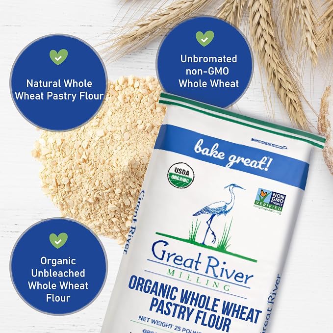 Great River Milling Organic Whole Wheat Pastry Flour | Soft Texture, Lower Gluten | USDA Organic, Non-GMO, Kosher | Ideal for Muffins, Cookies, Cakes & More | 25 Lb (Pack of 1)