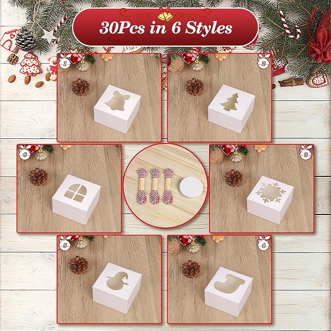 COTOPHER 30Pcs Christmas Cookie Boxes With Window, 4x4x2.5 Inch White Bakery Box for Gift Giving, Mini Cake Box for Treat Donuts Chocolate Strawberries Pastries Muffins