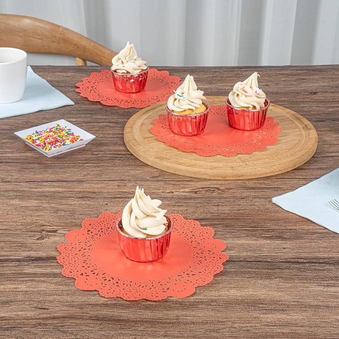 Restaurantware Paper Doilies 100 Pack of 8 Inch Lace Disposable Table Decor Red Round Shape Decorative Presentation
