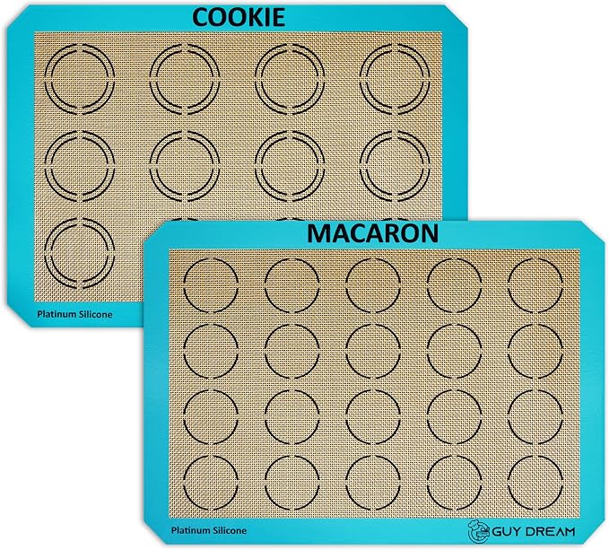 GUYDREMAT 2PCs Half Sheet Silicone Baking Mat Set for Cookie and Macaron - Reusable Premium Food Grade Silicone Macaron Sheets - Heat Resistant Silicone Oven Baking Mat with Measurements for Cookies