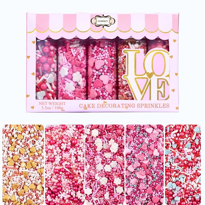 Pretty in Pink, Gold & White Pearl Sprinkles Mix – Edible Heart Sprinkles for Cakes, Cupcakes, Cookies – Spring, Birthday & Baking Decorations – Pack of 5 | Vegan, Gluten-Free, Nut-Free, Soy-Free, Dairy-Free, Palm Oil-Free- 5 Oz
