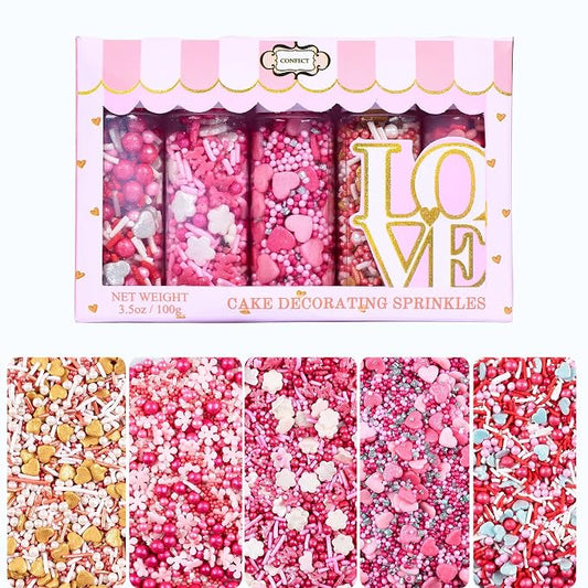 Pretty in Pink, Gold & White Pearl Sprinkles Mix – Edible Heart Sprinkles for Cakes, Cupcakes, Cookies – Spring, Birthday & Baking Decorations – Pack of 5 | Vegan, Gluten-Free, Nut-Free, Soy-Free, Dairy-Free, Palm Oil-Free- 5 Oz