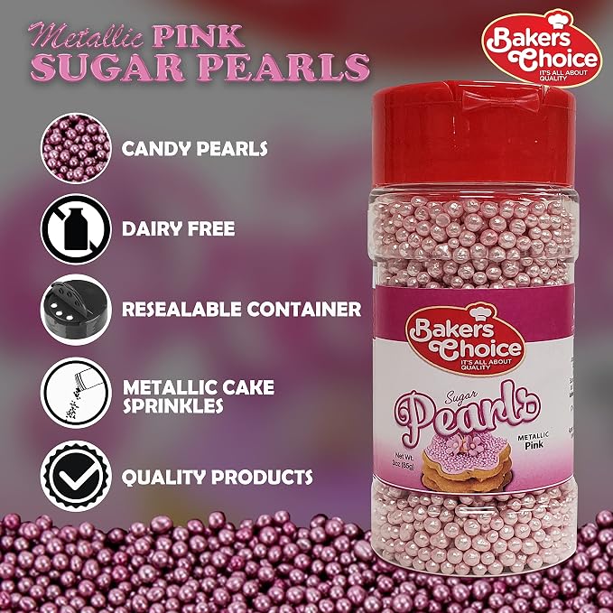 Baker's Choice Bakers Choice Edible Pearls - Metallic Pink Pearl Sprinkles - Edible Sugar Pearls - Dairy Free - Kosher - 3 oz.