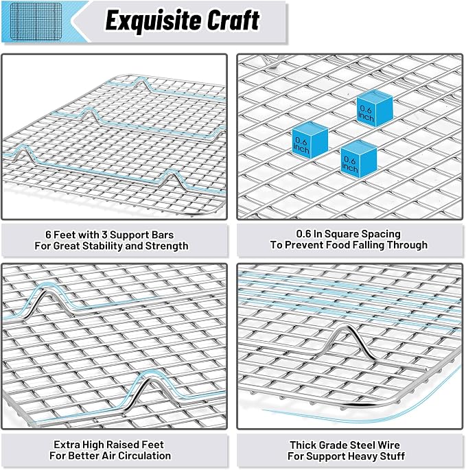 TeamFar Cooling Racks, 2 Pack Stainless Steel Grid Wire Rack for Baking Roasting Grilling Drying, 15.3’’ x 11.2’’, Metal Mesh Oven Rack for Chicken Bacon Cookies, Non-Toxic & Dishwasher Safe