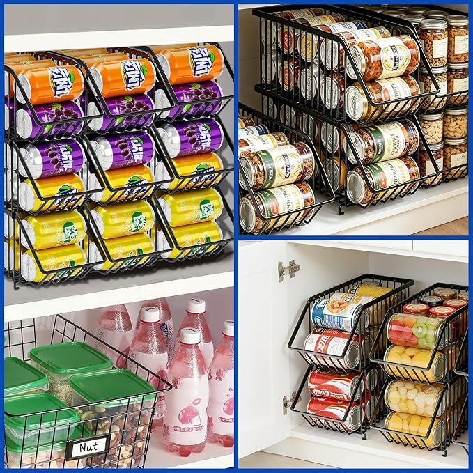 Stackable Soda Can Dispenser Organizer Rack, Stacking Can Dispensers Refrigerator Organizer Bins Pop Soda Organizer Dispenser Canned For Fridge, Freezer, Kitchen, Cabinets (8, Black)