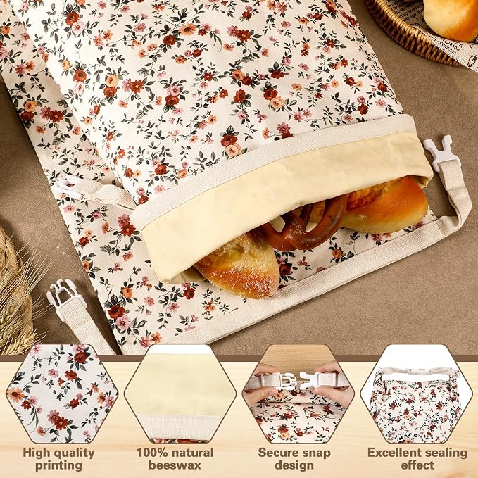 Reusable Beeswax Bread Bags for Homemade Bread Sourdough (2 Pcs 13x17in Bags + 10in Bowl Cover) Floral Cotton 100% Natural Beeswax Coating, Plastic-free Food Storage Wrap(Vintage Flower)